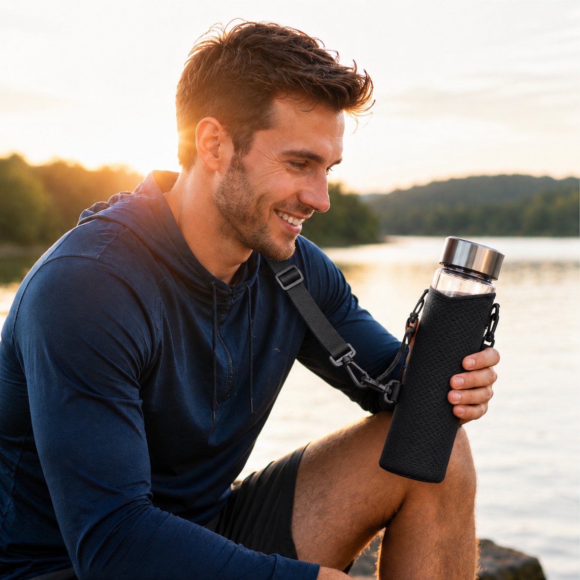 Man carrying HydroForge with the Carry Sling by a lake