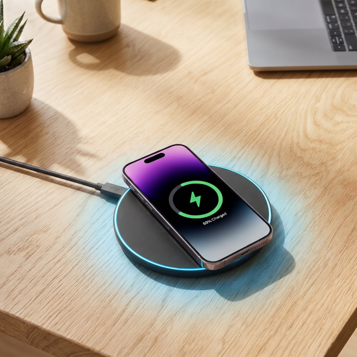 Wireless Charging Pad charging a phone on a wooden desk