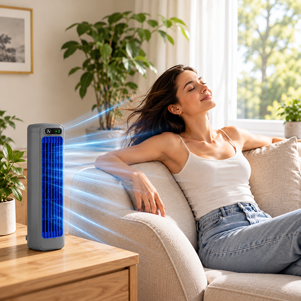 Woman relaxing on a couch with the SavvyChill cooling fan
