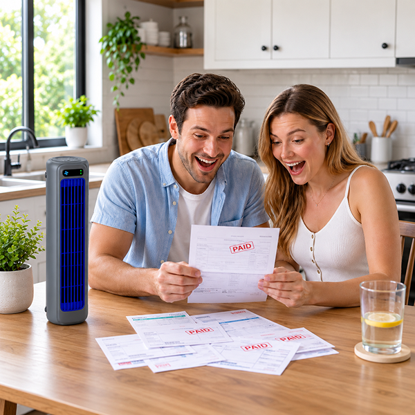 Couple celebrating a lower electricity bill next to SavvyChill