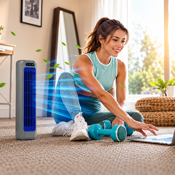 Woman working out at home cooled by SavvyChill