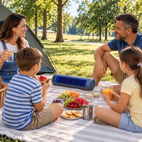 Family picnic outdoors with the cordless SavvyChill fan