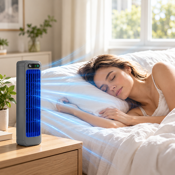 Woman sleeping cool with SavvyChill on the nightstand