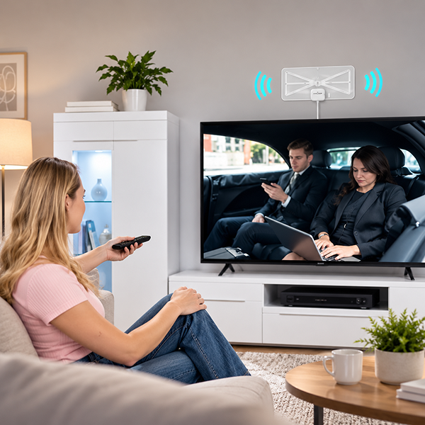 Woman watching free HD channels with the Ultra-Vizion antenna