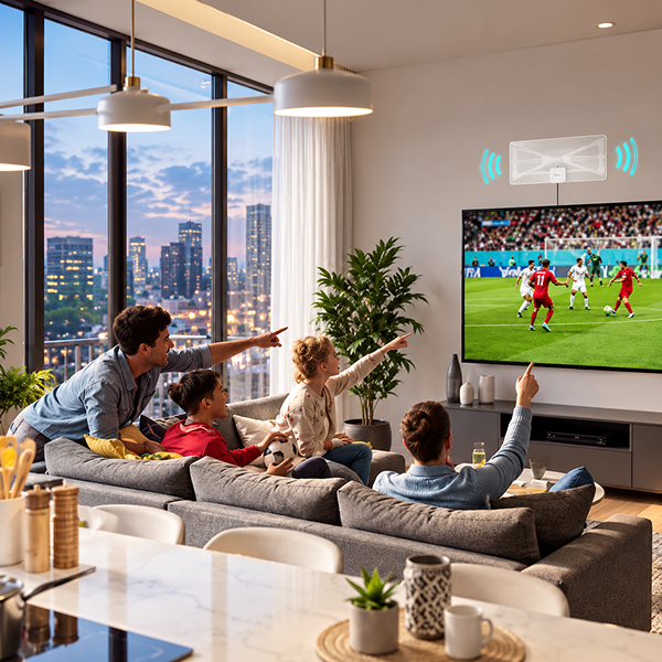 Family watching live sports for free with the Ultra-Vizion antenna