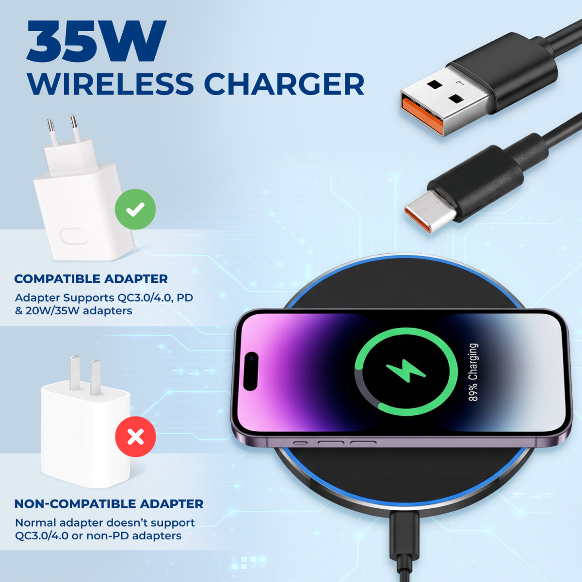 Wireless Charging Pad 35W wireless charger with compatible adapter guide